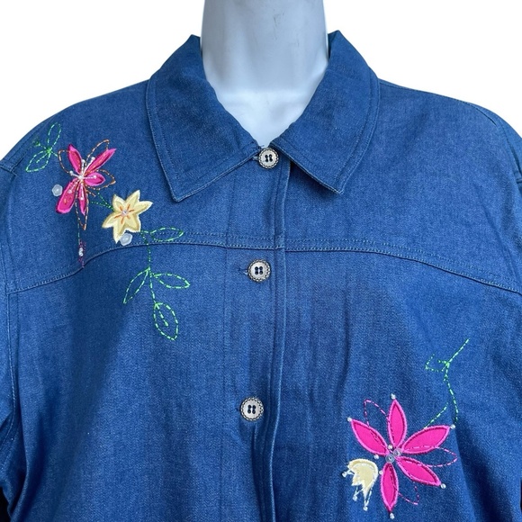 Alfred Dunner Chambray Denim Boho Jacket Plus Size 18 Blue Floral Embroidered - Picture 3 of 4